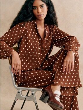 Sézane Polka Dot Pleated Blouse in Brown and Cream